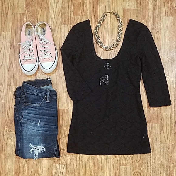 Free People Tops - NEW 💕 Free People Black Lace Tunic Top 3/4 sleeve